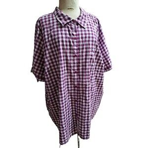 Roamans Shirt Womens 32W Purple Gingham Plaid Button up Bow Sleeve Casual Top